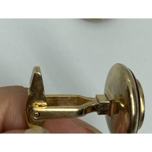 Vintage Krementz Gold Tone Red Enamel Circle Cufflinks Classic Mens Jewelry Gift - Picture 5 of 10